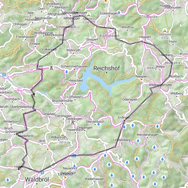 Map miniature of "Waldbröl - Burg Bieberstein - Fehlberg - Erdingen - Stungsberg - Waldbröl" cycling inspiration in Köln, Germany. Generated by Tarmacs.app cycling route planner