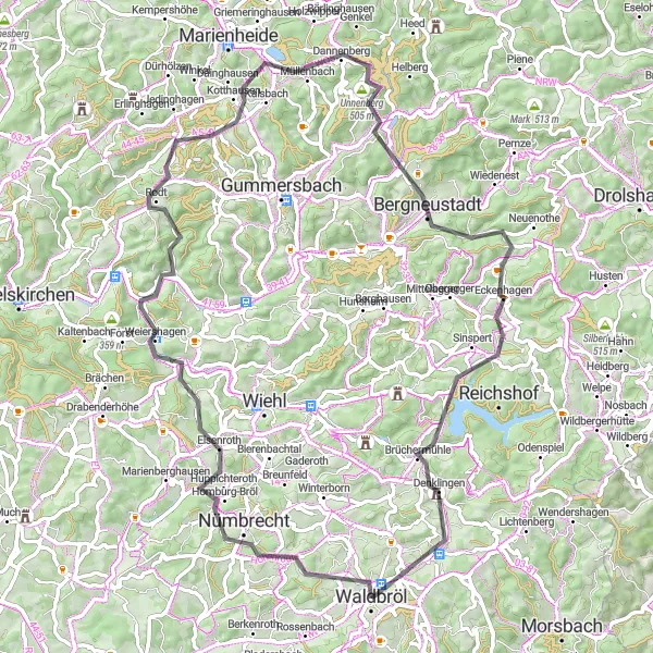 Map miniature of "Nümbrecht to Die Mauer Road Ride" cycling inspiration in Köln, Germany. Generated by Tarmacs.app cycling route planner