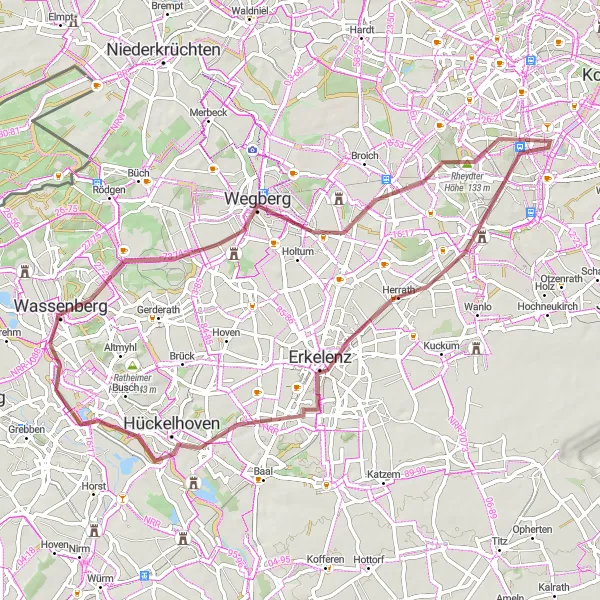 Map miniature of "The Gravel and Hillside Route" cycling inspiration in Köln, Germany. Generated by Tarmacs.app cycling route planner