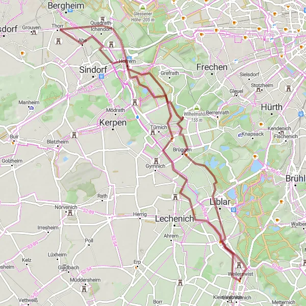 Karten-Miniaturansicht der Radinspiration "Gravel-Abenteuer rund um Weilerswist" in Köln, Germany. Erstellt vom Tarmacs.app-Routenplaner für Radtouren