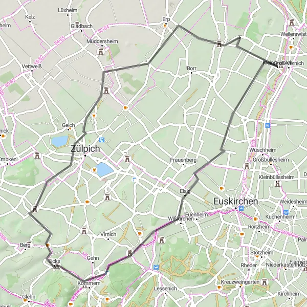 Map miniature of "Road Adventure to Zülpich" cycling inspiration in Köln, Germany. Generated by Tarmacs.app cycling route planner