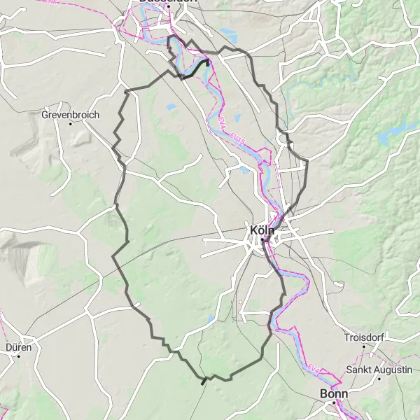 Map miniature of "Touring the Rhineland" cycling inspiration in Köln, Germany. Generated by Tarmacs.app cycling route planner