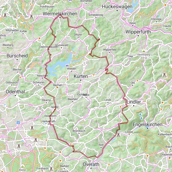 Map miniature of "Wermelskirchen Gravel Adventure" cycling inspiration in Köln, Germany. Generated by Tarmacs.app cycling route planner