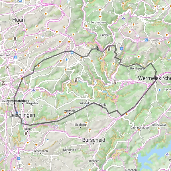 Karten-Miniaturansicht der Radinspiration "Road-Tour um Wermelskirchen" in Köln, Germany. Erstellt vom Tarmacs.app-Routenplaner für Radtouren