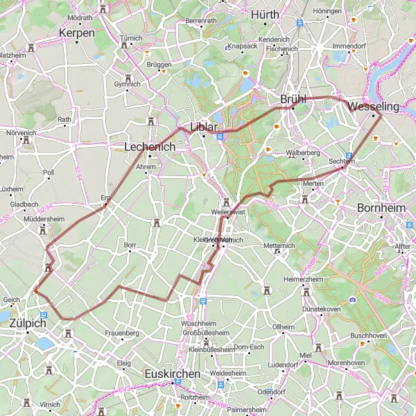 Map miniature of "Wesseling Gravel Adventure" cycling inspiration in Köln, Germany. Generated by Tarmacs.app cycling route planner