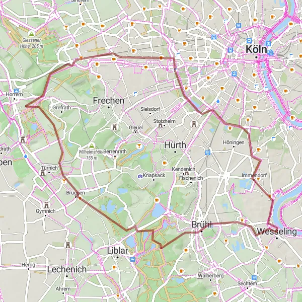 Karten-Miniaturansicht der Radinspiration "Entdecke die Natur rund um Wesseling" in Köln, Germany. Erstellt vom Tarmacs.app-Routenplaner für Radtouren