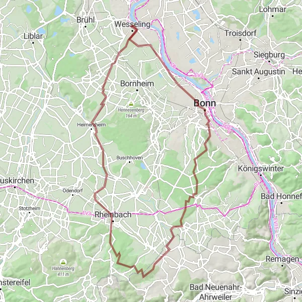 Map miniature of "Gravel Adventure through Bonn and Hengasch" cycling inspiration in Köln, Germany. Generated by Tarmacs.app cycling route planner
