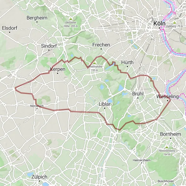 Karten-Miniaturansicht der Radinspiration "Grüne Wege rund um Wesseling" in Köln, Germany. Erstellt vom Tarmacs.app-Routenplaner für Radtouren