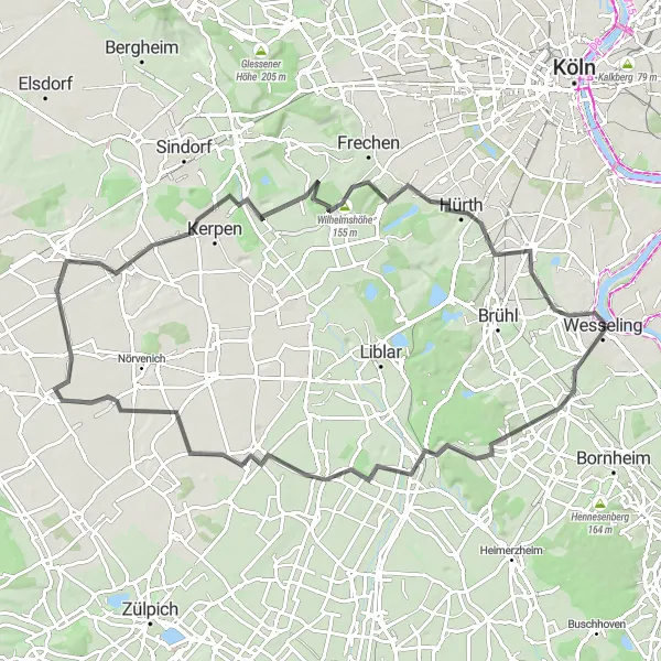 Map miniature of "Picturesque Road Cycling through Kerpen and Hürth" cycling inspiration in Köln, Germany. Generated by Tarmacs.app cycling route planner