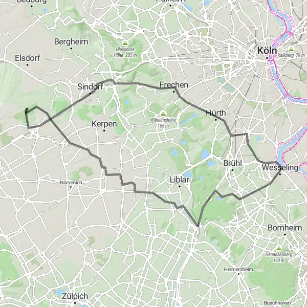 Map miniature of "Scenic Road Cycling from Wesseling to Cologne" cycling inspiration in Köln, Germany. Generated by Tarmacs.app cycling route planner
