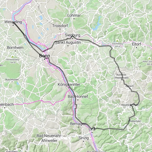 Karten-Miniaturansicht der Radinspiration "Rheintour bis zum Westerwald" in Köln, Germany. Erstellt vom Tarmacs.app-Routenplaner für Radtouren