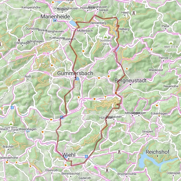 Karten-Miniaturansicht der Radinspiration "Abenteuerliche Gravel-Route um Wiehl" in Köln, Germany. Erstellt vom Tarmacs.app-Routenplaner für Radtouren