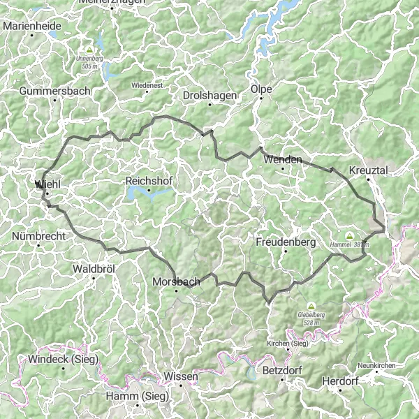 Map miniature of "Scenic Road Route through Heckenberg and Fockenberg" cycling inspiration in Köln, Germany. Generated by Tarmacs.app cycling route planner