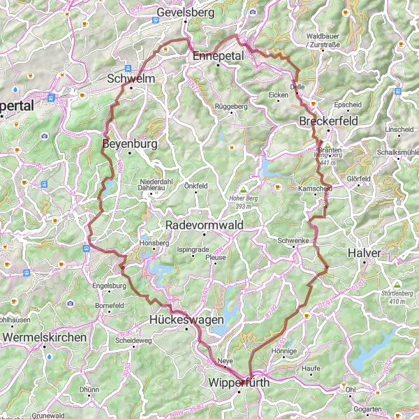 Map miniature of "Wipperfürth-Fuchsberg Loop" cycling inspiration in Köln, Germany. Generated by Tarmacs.app cycling route planner