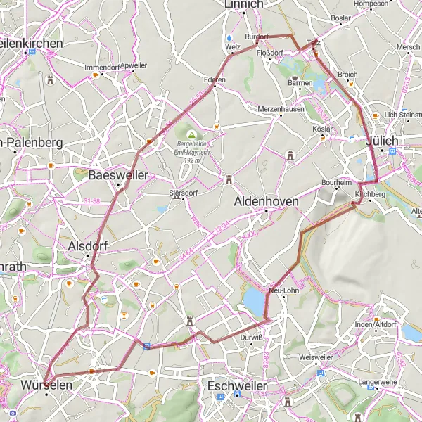 Map miniature of "Scenic Gravel Ride through Baesweiler to Broichweiden" cycling inspiration in Köln, Germany. Generated by Tarmacs.app cycling route planner