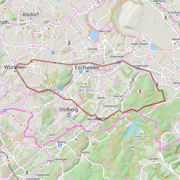 Karten-Miniaturansicht der Radinspiration "Aussichtsreiche Gravel-Tour" in Köln, Germany. Erstellt vom Tarmacs.app-Routenplaner für Radtouren