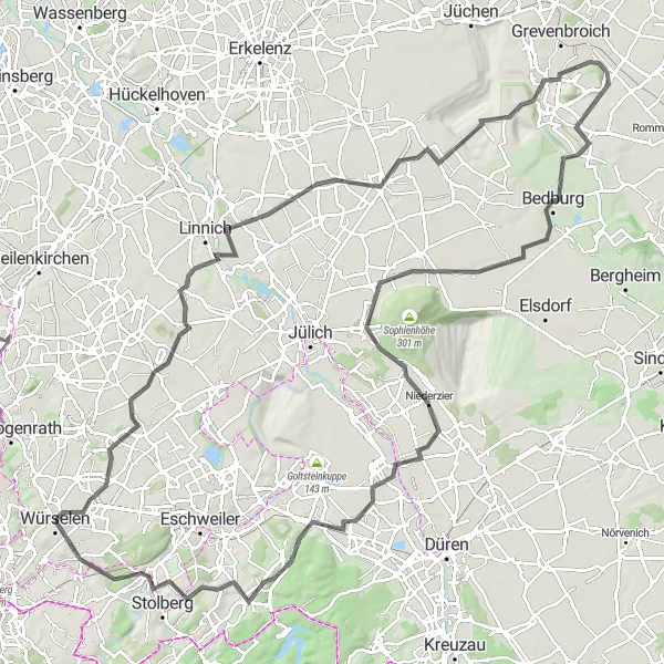 Map miniature of "Würselen to Stolberg Loop" cycling inspiration in Köln, Germany. Generated by Tarmacs.app cycling route planner