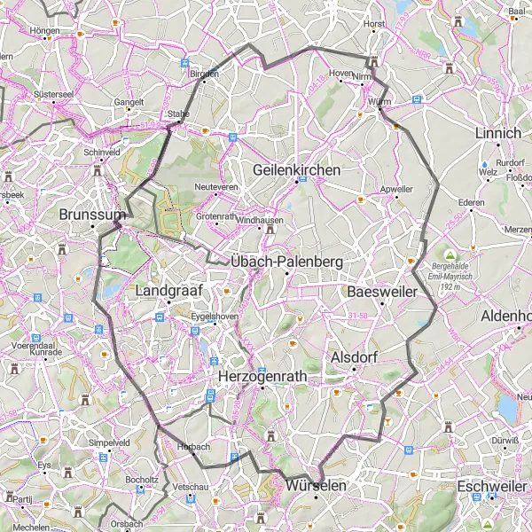 Karten-Miniaturansicht der Radinspiration "Straßenrunde durch Teuterhof und Siersdorf" in Köln, Germany. Erstellt vom Tarmacs.app-Routenplaner für Radtouren