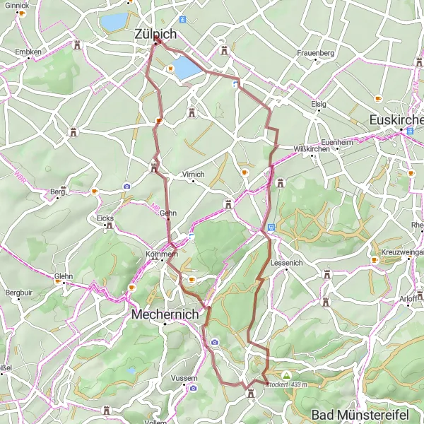 Map miniature of "The Ülpenich and Breitenbenden Gravel Ride" cycling inspiration in Köln, Germany. Generated by Tarmacs.app cycling route planner