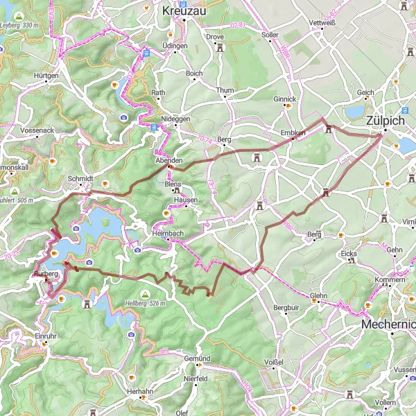 Map miniature of "The Bürvenich and Mittelberg Gravel Expedition" cycling inspiration in Köln, Germany. Generated by Tarmacs.app cycling route planner