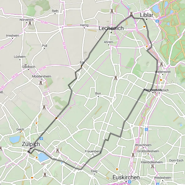 Karten-Miniaturansicht der Radinspiration "Erlebnisreiche Straßentour durch Erp und Dürscheven" in Köln, Germany. Erstellt vom Tarmacs.app-Routenplaner für Radtouren