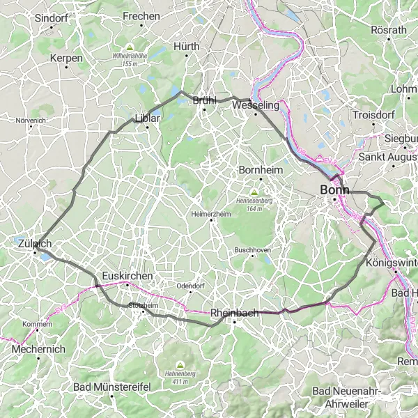 Map miniature of "The Erp and Holtorfer Hardt Circuit" cycling inspiration in Köln, Germany. Generated by Tarmacs.app cycling route planner