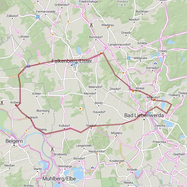 Map miniature of "Picturesque Gravel Loop around Falkenberg/Elster" cycling inspiration in Leipzig, Germany. Generated by Tarmacs.app cycling route planner