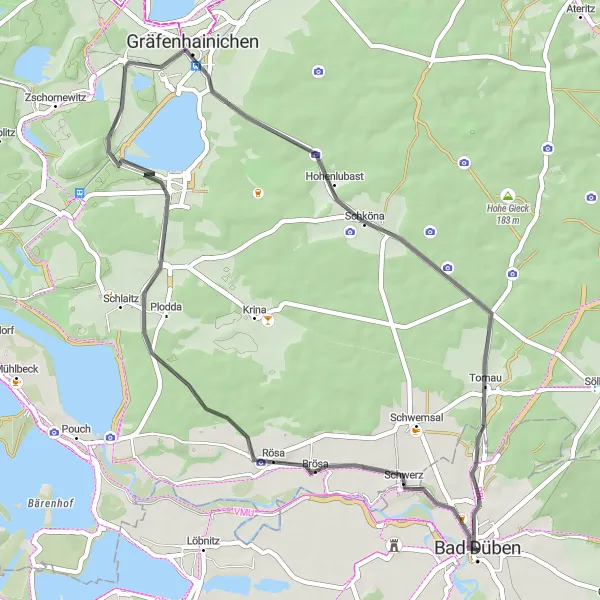 Map miniature of "The Lakeside Road" cycling inspiration in Leipzig, Germany. Generated by Tarmacs.app cycling route planner