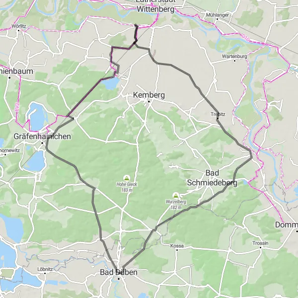 Map miniature of "The Road Challenge: Bad Düben to Söllichau" cycling inspiration in Leipzig, Germany. Generated by Tarmacs.app cycling route planner