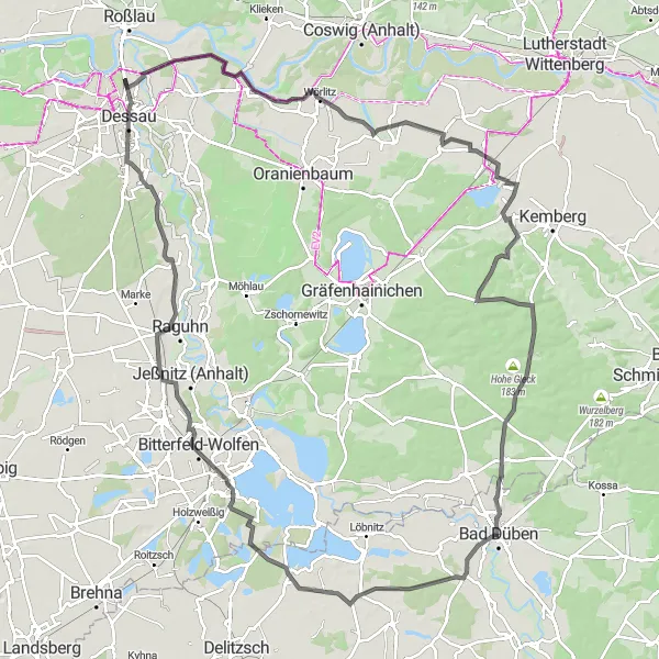 Map miniature of "The Great Loop: Bad Düben to Tornau" cycling inspiration in Leipzig, Germany. Generated by Tarmacs.app cycling route planner