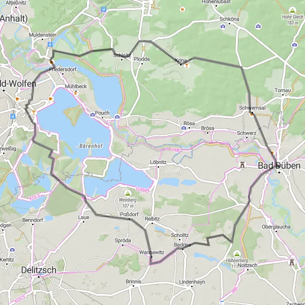 Map miniature of "Bad Düben Circuit" cycling inspiration in Leipzig, Germany. Generated by Tarmacs.app cycling route planner