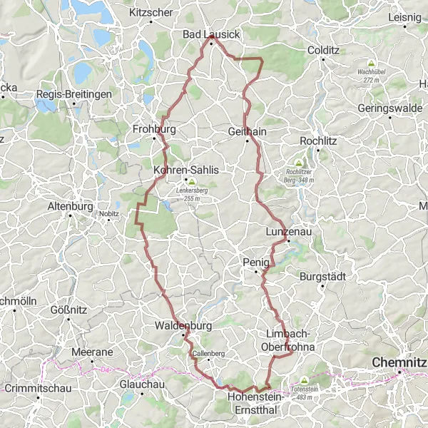 Map miniature of "The Challenging Gravel Adventure" cycling inspiration in Leipzig, Germany. Generated by Tarmacs.app cycling route planner