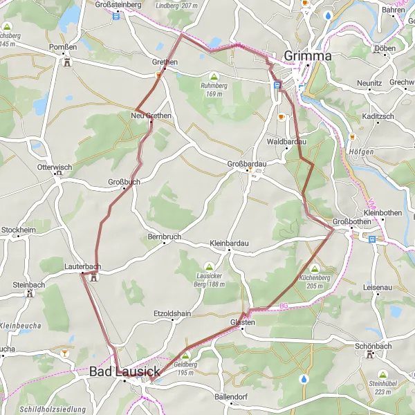Karten-Miniaturansicht der Radinspiration "Kurze Gravel-Tour von Bad Lausick nach Glasten" in Leipzig, Germany. Erstellt vom Tarmacs.app-Routenplaner für Radtouren