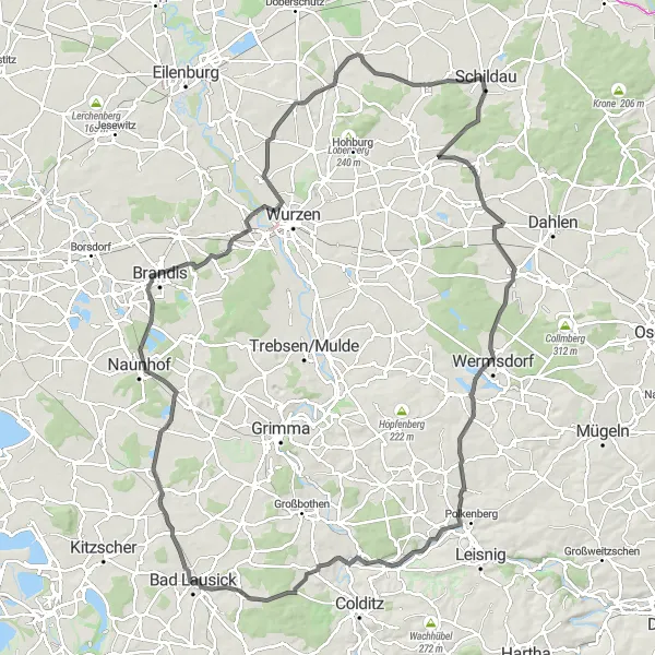 Karten-Miniaturansicht der Radinspiration "Herausfordernde 121 km lange Route um Bad Lausick" in Leipzig, Germany. Erstellt vom Tarmacs.app-Routenplaner für Radtouren