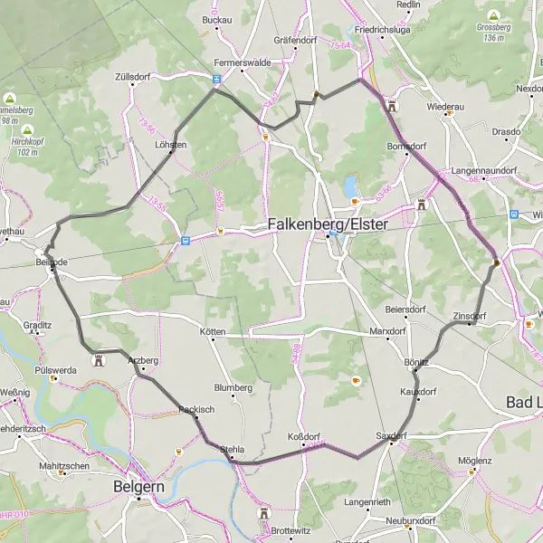 Karten-Miniaturansicht der Radinspiration "Radtour von Beilrode nach Löhsten und zurück" in Leipzig, Germany. Erstellt vom Tarmacs.app-Routenplaner für Radtouren