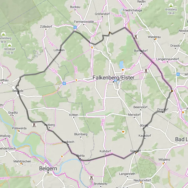 Map miniature of "A Scenic Ride to Neusorge" cycling inspiration in Leipzig, Germany. Generated by Tarmacs.app cycling route planner