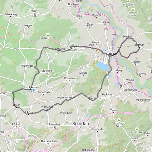 Karten-Miniaturansicht der Radinspiration "Radtour nach Torgau und Zeckritz" in Leipzig, Germany. Erstellt vom Tarmacs.app-Routenplaner für Radtouren