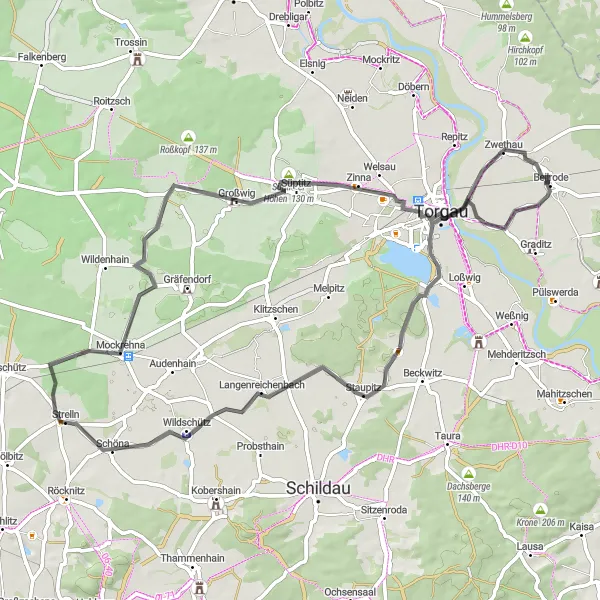 Map miniature of "Road Cycling Route near Beilrode" cycling inspiration in Leipzig, Germany. Generated by Tarmacs.app cycling route planner