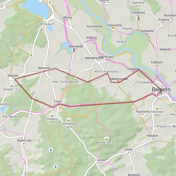 Map miniature of "Belgern Gravel Ride" cycling inspiration in Leipzig, Germany. Generated by Tarmacs.app cycling route planner