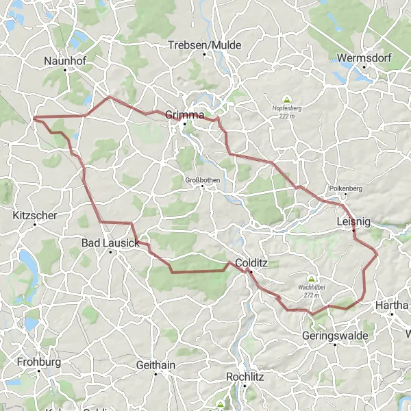Karten-Miniaturansicht der Radinspiration "Gravelrunde über Grimma und Colditz" in Leipzig, Germany. Erstellt vom Tarmacs.app-Routenplaner für Radtouren