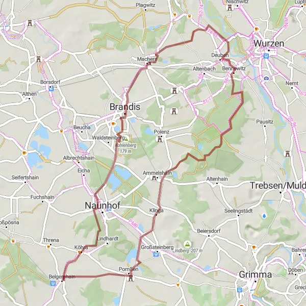 Karten-Miniaturansicht der Radinspiration "Abwechslungsreiche Gravelroute durch die Natur rund um Belgershain" in Leipzig, Germany. Erstellt vom Tarmacs.app-Routenplaner für Radtouren