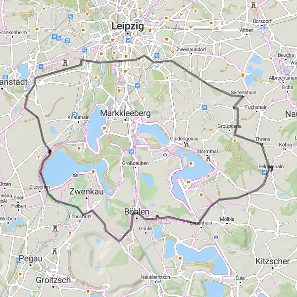 Map miniature of "Belgershain and Beyond: A Road Cycling Adventure" cycling inspiration in Leipzig, Germany. Generated by Tarmacs.app cycling route planner