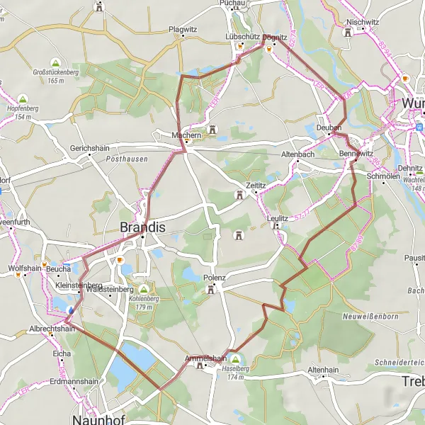 Map miniature of "Bennewitz Gravel Adventure" cycling inspiration in Leipzig, Germany. Generated by Tarmacs.app cycling route planner