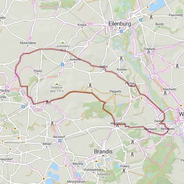 Karten-Miniaturansicht der Radinspiration "Gravel-Tour durch die Umgebung" in Leipzig, Germany. Erstellt vom Tarmacs.app-Routenplaner für Radtouren