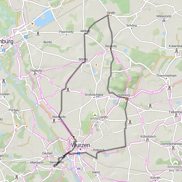 Map miniature of "Rural Road Escapade" cycling inspiration in Leipzig, Germany. Generated by Tarmacs.app cycling route planner