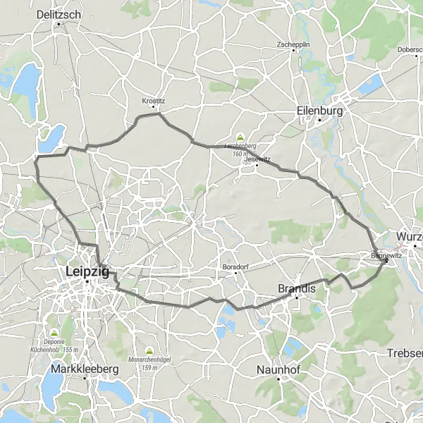 Map miniature of "Bennewitz Exploration" cycling inspiration in Leipzig, Germany. Generated by Tarmacs.app cycling route planner