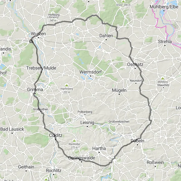 Map miniature of "The Spitzberg and Hermsdorf Loop" cycling inspiration in Leipzig, Germany. Generated by Tarmacs.app cycling route planner