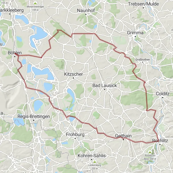 Map miniature of "Gravel Adventure to Neukieritzsch" cycling inspiration in Leipzig, Germany. Generated by Tarmacs.app cycling route planner