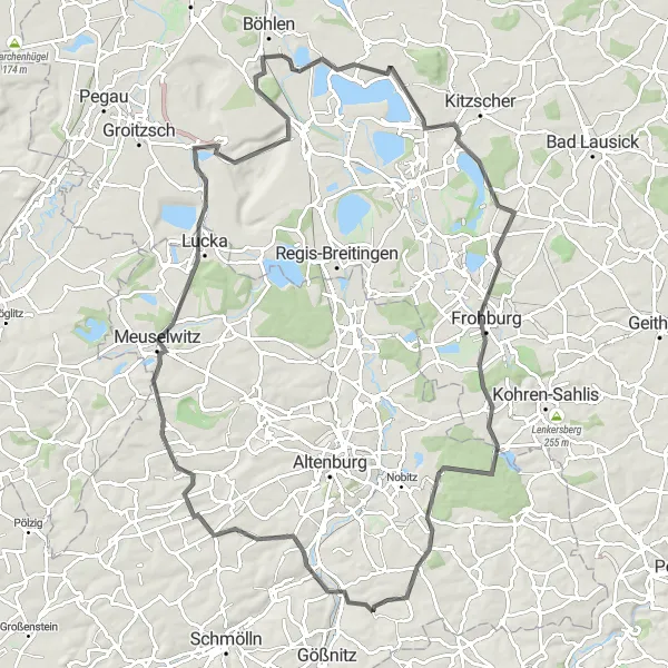 Map miniature of "Espenhain and Talsperre Schömbach" cycling inspiration in Leipzig, Germany. Generated by Tarmacs.app cycling route planner