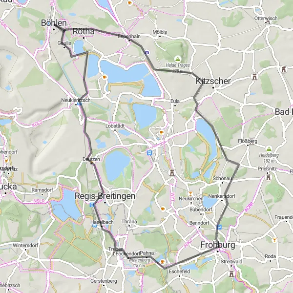 Karten-Miniaturansicht der Radinspiration "Rundtour durch Rötha und Regis-Breitingen" in Leipzig, Germany. Erstellt vom Tarmacs.app-Routenplaner für Radtouren